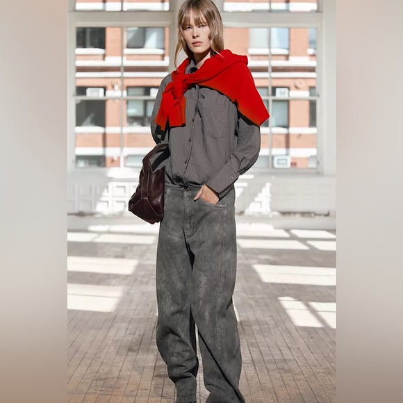 ZARA ZW COLLECTION STRIPED BUTTON DOWN SHIRT POCKET MODAL EDGY CAREER Gray L - Picture 8 of 12